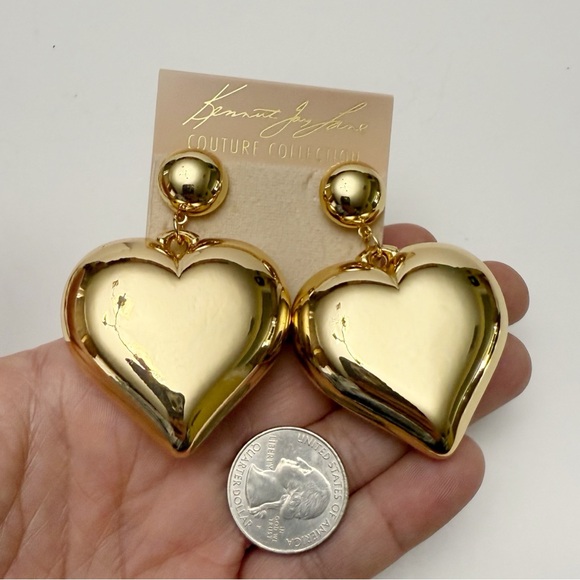 Kenneth Jay Lane Polished Goldtone Extra Large Heart Dangle Statement Earrings - Picture 2 of 3